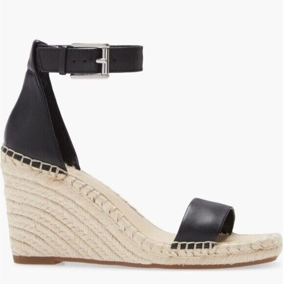 Vince Camuto Meddrina Black Leather Espadrille Wedge Sandals Women’s 11 Padded - Picture 1 of 9